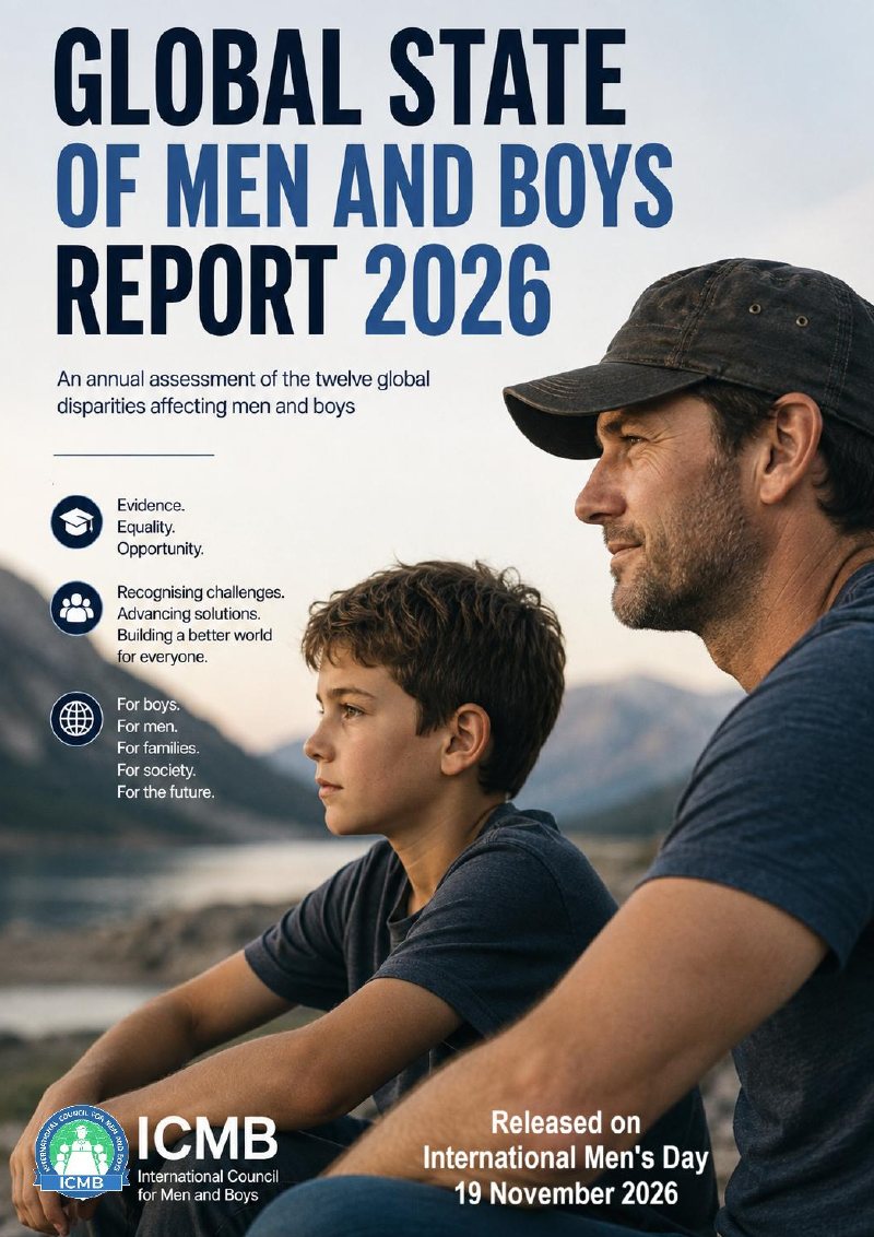Global State of Men and Boys Report 2026 – cover Cover of the Global State of Men and Boys Report 2026 from the International Council for Men and Boys, showing a man and a boy looking out over a lake